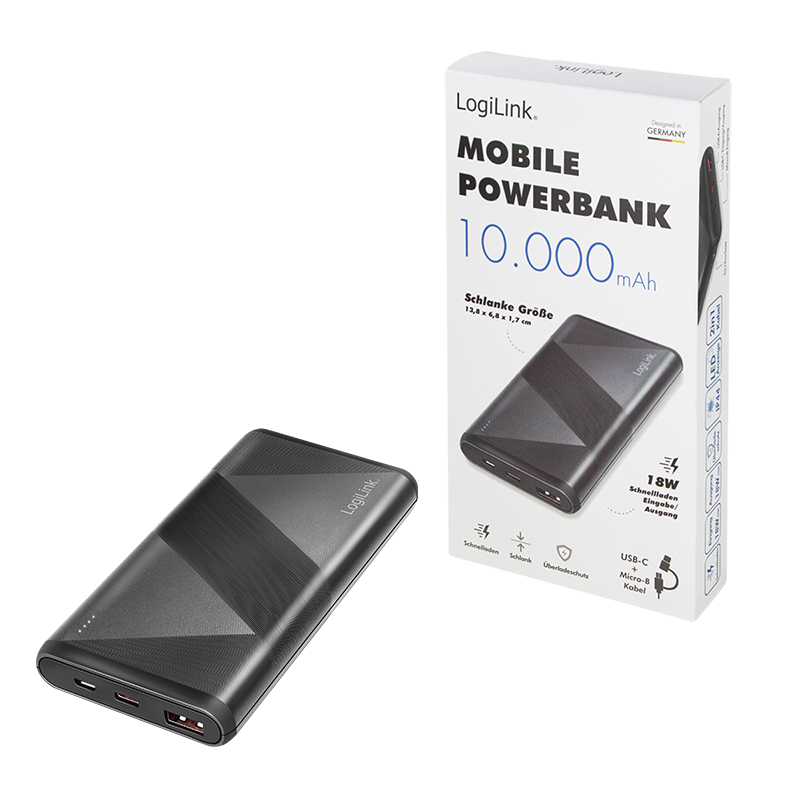 Powerbank 10000 mAh, 2x USB-A, Auto-Starthilfe, metallgrau