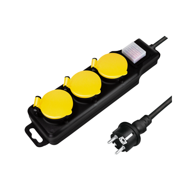 Steckdosenleiste 3-fach + Schalter, 3x CEE 7/3, Outdoor, 1,5 m, schwarz/gelb