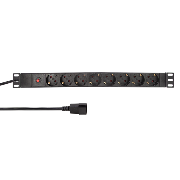 19" PDU 8 x CEE 7/3 socket with IEC plug and overload protection