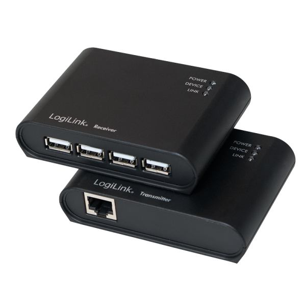 USB 2.0 Extender mit integriertem 4-Port USB 2.0 Hub und Netzteil