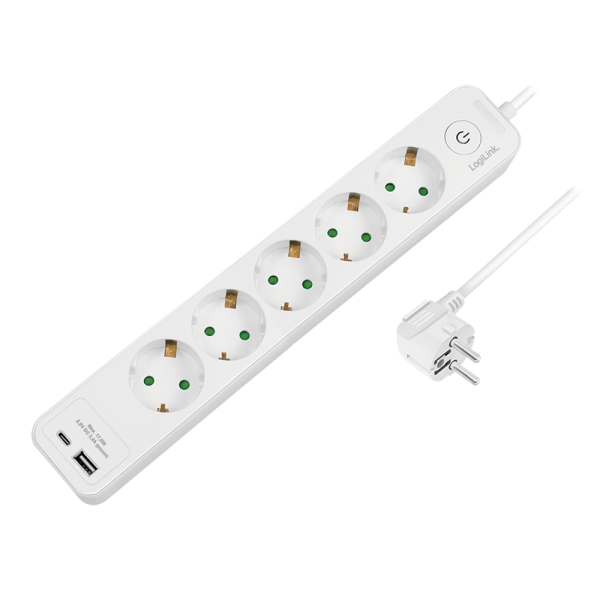 Outlet Strip, 5 safety sockets, w/ 1x USB-A, 1x USB-C Port, white