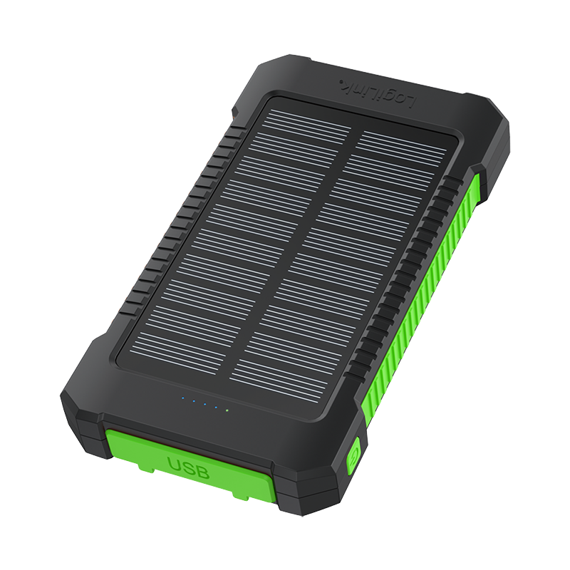 Solar power bank 8000 mAh, flashlight, 2x USB-A, green-black