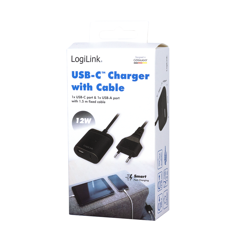 Dual USB charger with 1.5 m fixed cable, 1x USB-A, 1x USB-C, 12 W | 230V  Charger | Chargers | Smartphone & Tablet | 2direct English