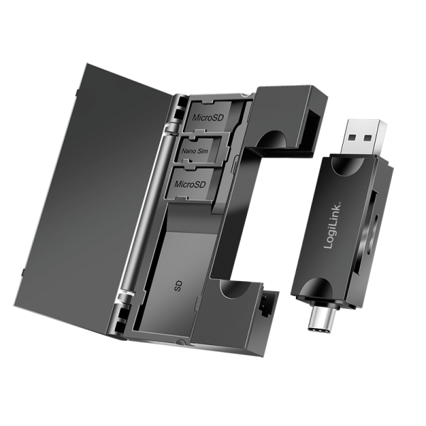 USB 3.0 Cardreader, USB-A / USB-C, w/ memory card storage box