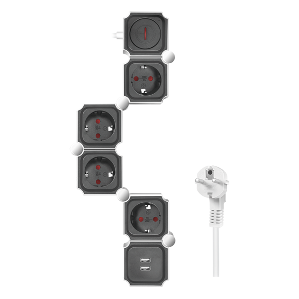 Outlet Strip, 4 safety sockets, snake-shaped, 2x USB-A, white/black