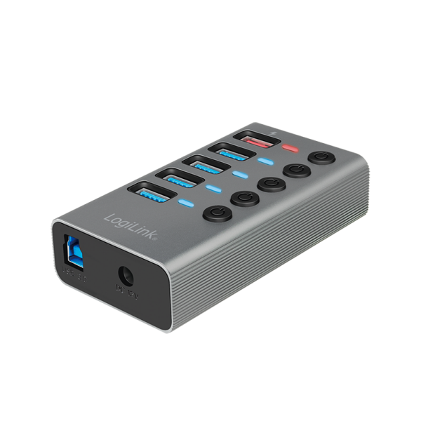 USB 3.2 Gen 1 Hub, 4+1 port, w/ switch for each port, aluminum, grey