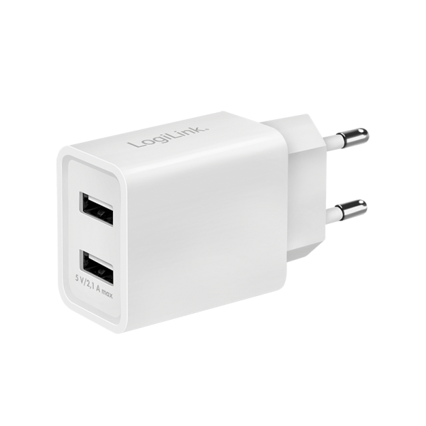 USB Wall Charger, 2port, 2x USB-AF, 10.5W, white