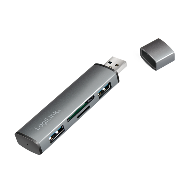 USB 3.2 Gen 2 Hub, 2-port, USB-A, w/cardreader, aluminum, grey