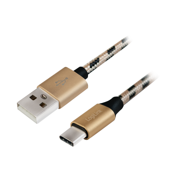 USB 2.0 Type-C cable, C/M to USB-A/M, nylon, black/gold, 2 m