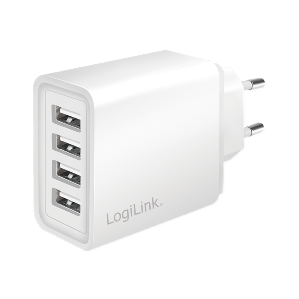 USB Wall Charger, 4port, 4x USB-AF, 24W, white