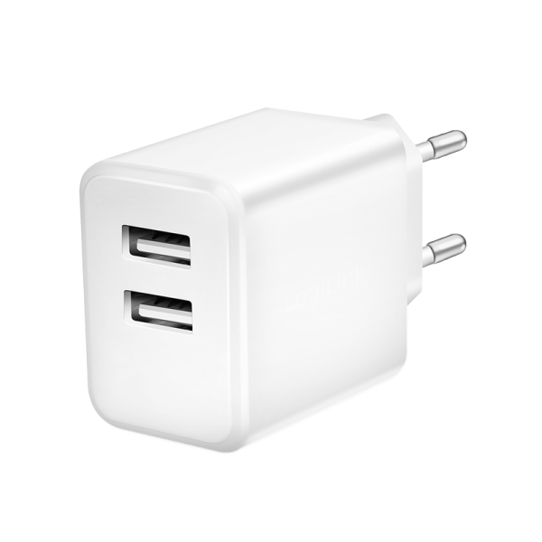 USB Wall Charger, 2port, 2x USB-AF, 12 W, white