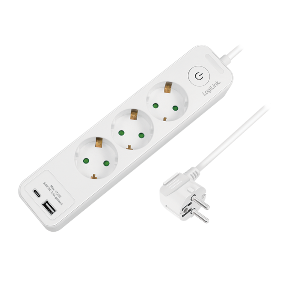 Outlet Strip, 3 safety sockets, w/ 1x USB-A, 1x USB-C Port, white